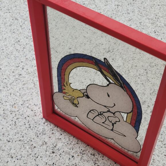 VTG Snoopy Woodstock Kissing Rainbow Cloud Mirror Red Framed Peanuts 1958 1965 - Picture 7 of 15